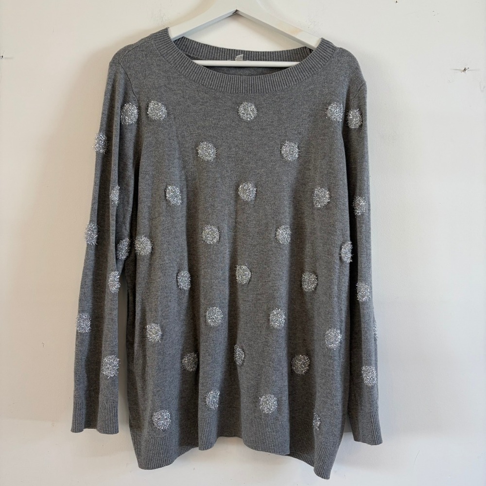 Talbots Plus Womens 1X Gray Metallic Silver Tinsel Polka Dot Knit Sweater